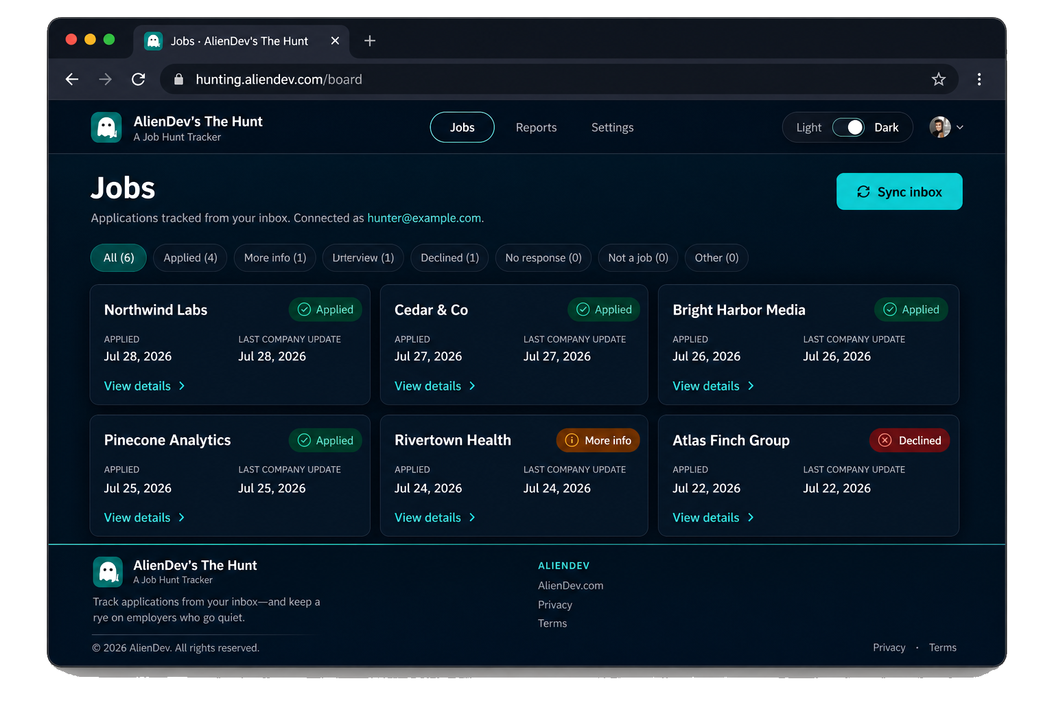 The Hunt job board in a browser window, showing tracked applications with Applied, More info, and Declined statuses.